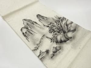 作家物　ひげ紬手描き山岳に木々模様開き名古屋帯（額縁仕立て）